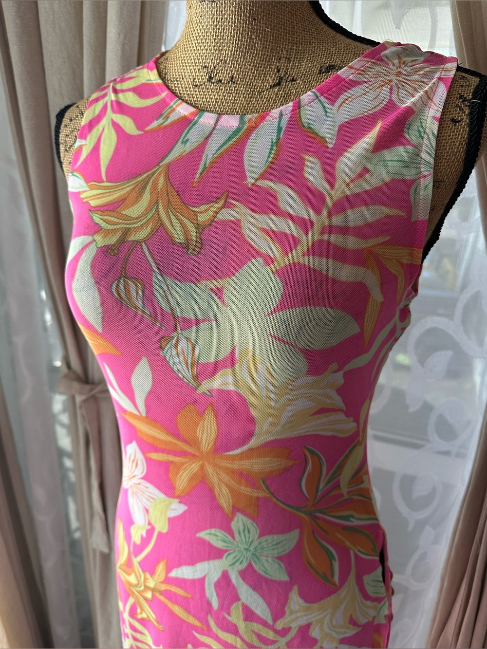 Derek Heart Pink Tropical Floral Swim Cover Up Dress Sz Small Side Tie Slits - Picture 3 of 8